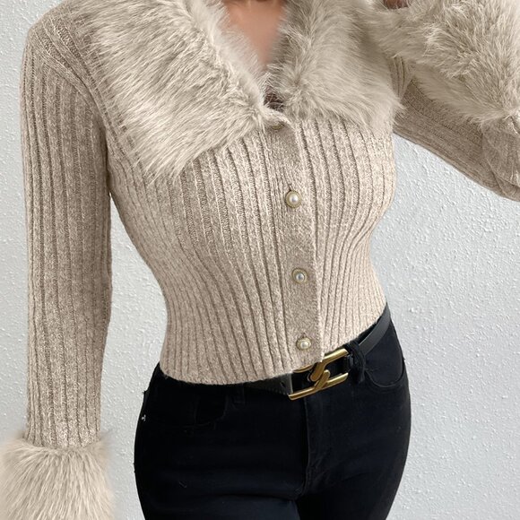 Apricot Elegant Women's Fuzzy Collar Ribbed Knit Cardigan - Picture 3 of 8
